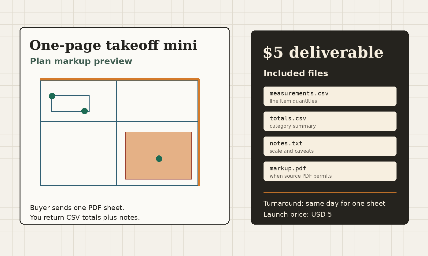 Preview of a one-page takeoff mini deliverable with plan markup and included files.